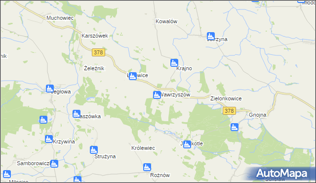 mapa Wawrzyszów gmina Wiązów, Wawrzyszów gmina Wiązów na mapie Targeo