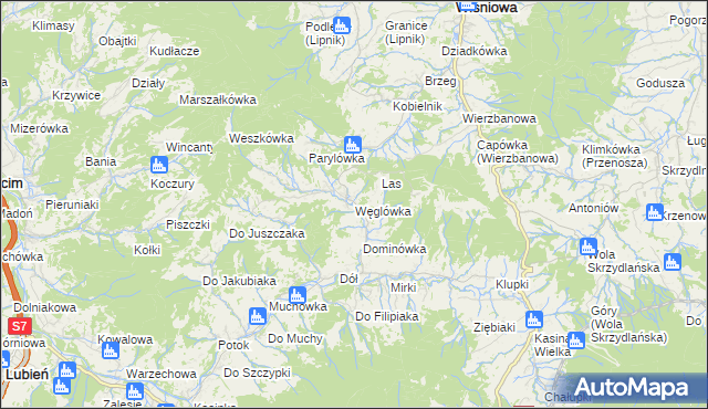 mapa Węglówka gmina Wiśniowa, Węglówka gmina Wiśniowa na mapie Targeo