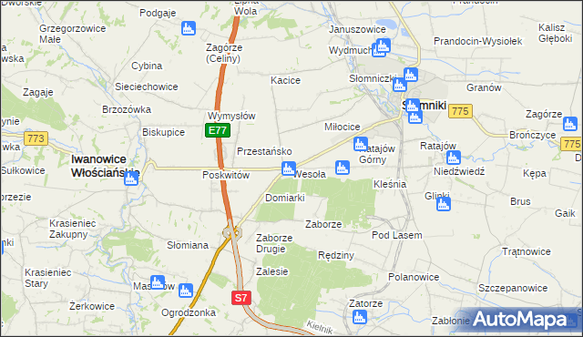 mapa Wesoła gmina Słomniki, Wesoła gmina Słomniki na mapie Targeo