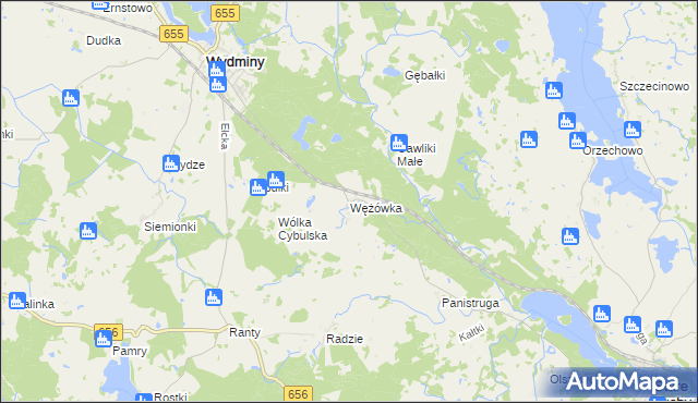 mapa Wężówka gmina Wydminy, Wężówka gmina Wydminy na mapie Targeo