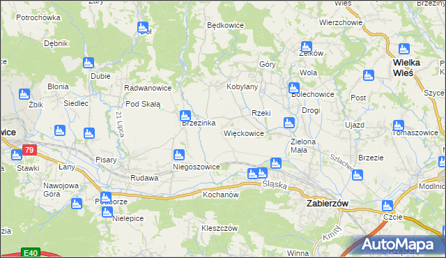 mapa Więckowice gmina Zabierzów, Więckowice gmina Zabierzów na mapie Targeo