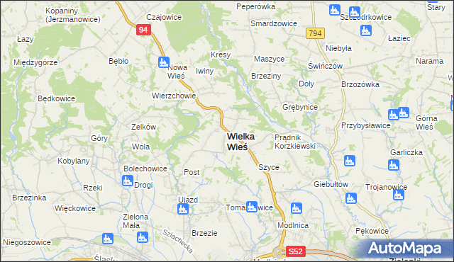 mapa Wielka Wieś powiat krakowski, Wielka Wieś powiat krakowski na mapie Targeo