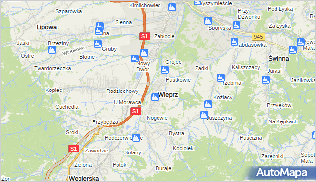 mapa Wieprz gmina Radziechowy-Wieprz, Wieprz gmina Radziechowy-Wieprz na mapie Targeo