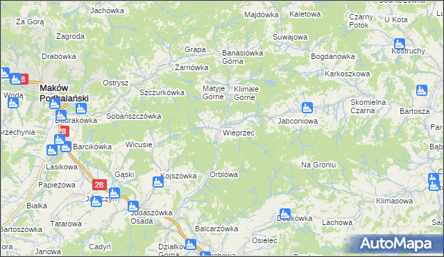 mapa Wieprzec gmina Maków Podhalański, Wieprzec gmina Maków Podhalański na mapie Targeo