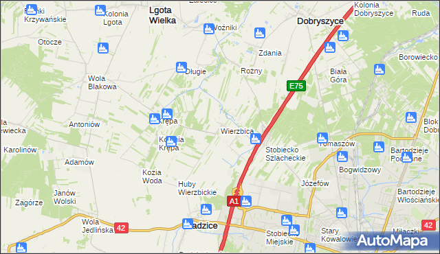 mapa Wierzbica gmina Ładzice, Wierzbica gmina Ładzice na mapie Targeo