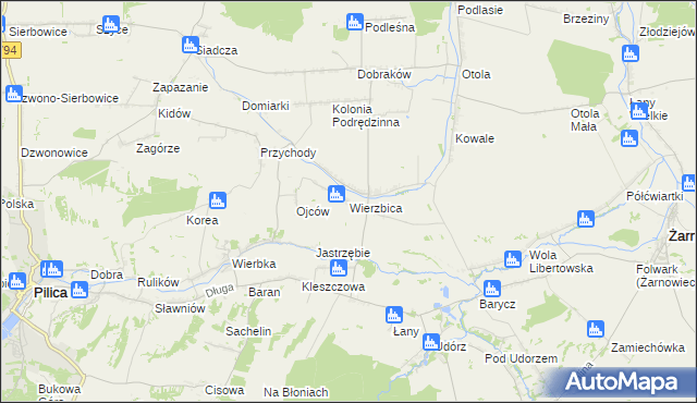 mapa Wierzbica gmina Pilica, Wierzbica gmina Pilica na mapie Targeo
