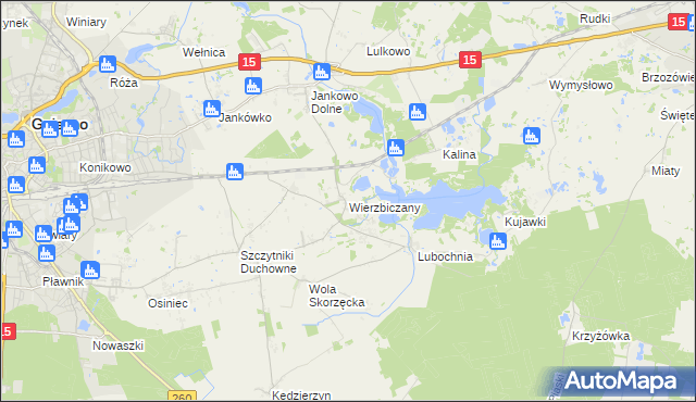 mapa Wierzbiczany gmina Gniezno, Wierzbiczany gmina Gniezno na mapie Targeo