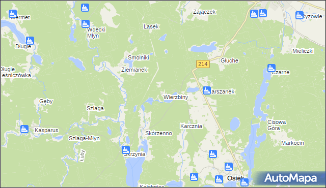 mapa Wierzbiny gmina Osiek, Wierzbiny gmina Osiek na mapie Targeo