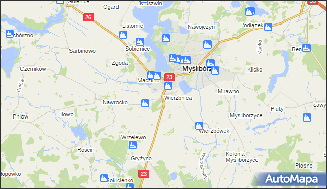 mapa Wierzbnica gmina Myślibórz, Wierzbnica gmina Myślibórz na mapie Targeo
