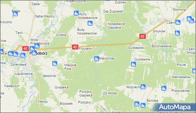 mapa Wierzchlas gmina Przedbórz, Wierzchlas gmina Przedbórz na mapie Targeo