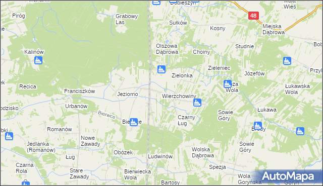 mapa Wierzchowiny gmina Jedlińsk, Wierzchowiny gmina Jedlińsk na mapie Targeo