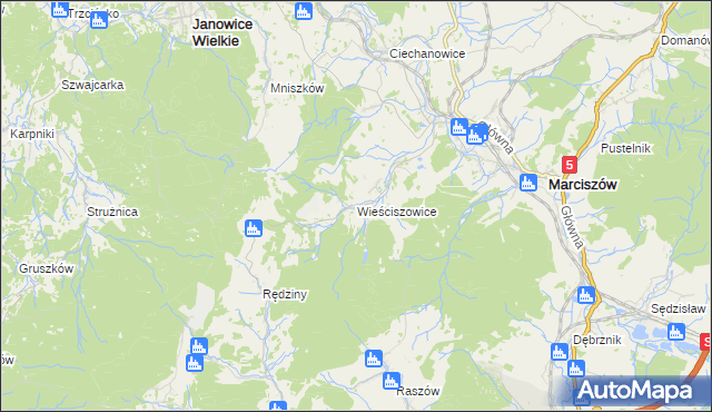 mapa Wieściszowice, Wieściszowice na mapie Targeo