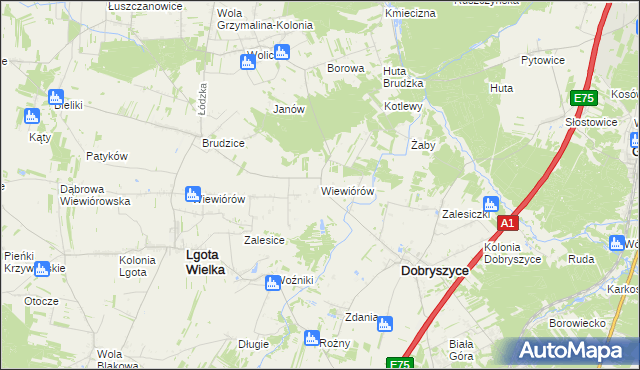 mapa Wiewiórów gmina Dobryszyce, Wiewiórów gmina Dobryszyce na mapie Targeo