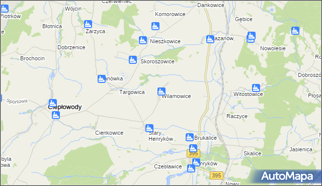 mapa Wilamowice gmina Ciepłowody, Wilamowice gmina Ciepłowody na mapie Targeo