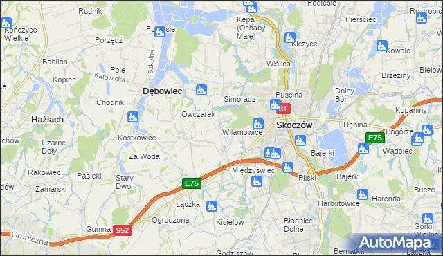 mapa Wilamowice gmina Skoczów, Wilamowice gmina Skoczów na mapie Targeo