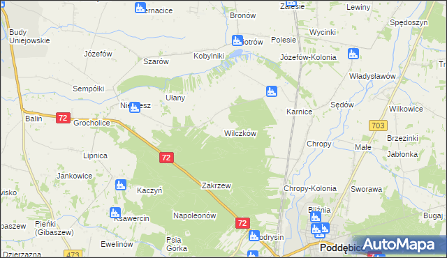 mapa Wilczków gmina Poddębice, Wilczków gmina Poddębice na mapie Targeo