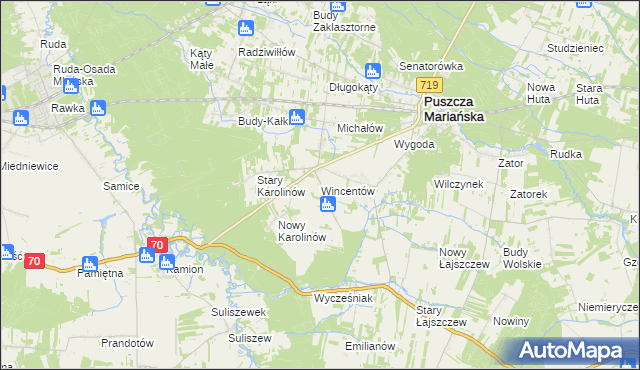 mapa Wincentów gmina Puszcza Mariańska, Wincentów gmina Puszcza Mariańska na mapie Targeo
