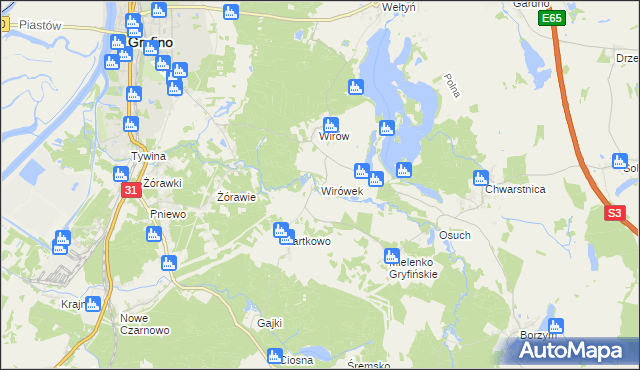 mapa Wirówek gmina Gryfino, Wirówek gmina Gryfino na mapie Targeo