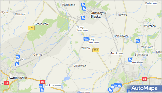 mapa Witków gmina Jaworzyna Śląska, Witków gmina Jaworzyna Śląska na mapie Targeo