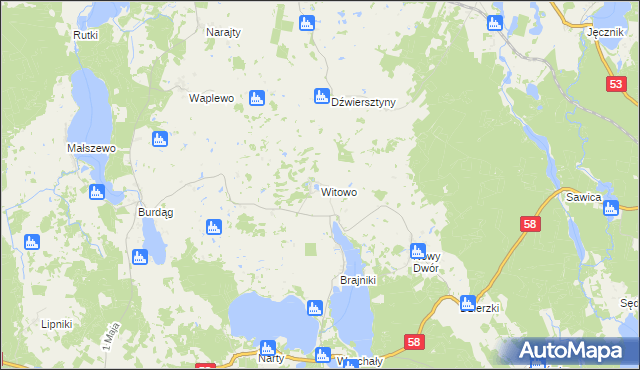 mapa Witowo gmina Jedwabno, Witowo gmina Jedwabno na mapie Targeo