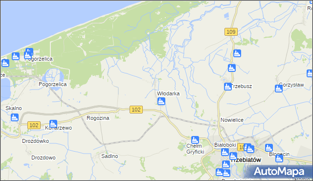 mapa Włodarka gmina Trzebiatów, Włodarka gmina Trzebiatów na mapie Targeo