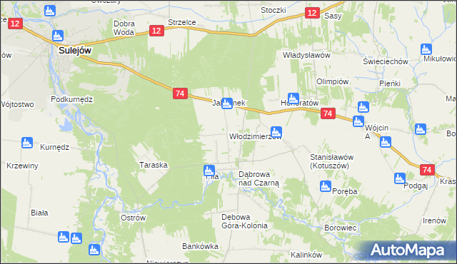 mapa Włodzimierzów gmina Aleksandrów, Włodzimierzów gmina Aleksandrów na mapie Targeo