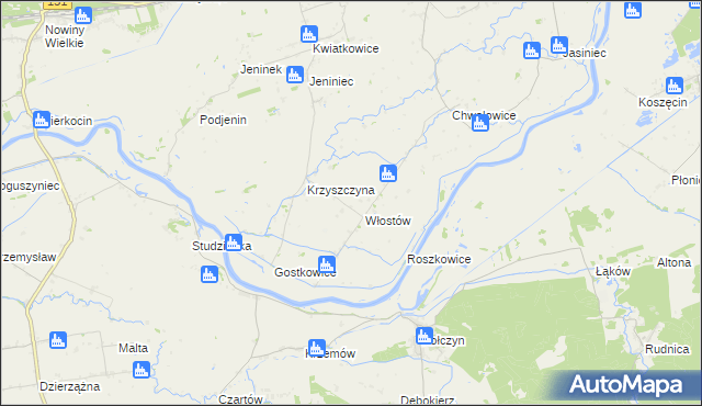 mapa Włostów gmina Bogdaniec, Włostów gmina Bogdaniec na mapie Targeo