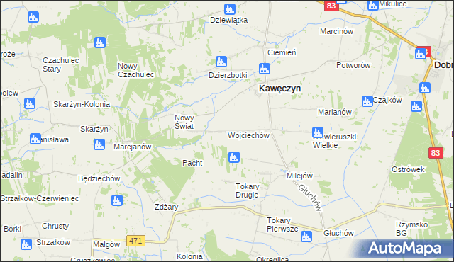 mapa Wojciechów gmina Kawęczyn, Wojciechów gmina Kawęczyn na mapie Targeo