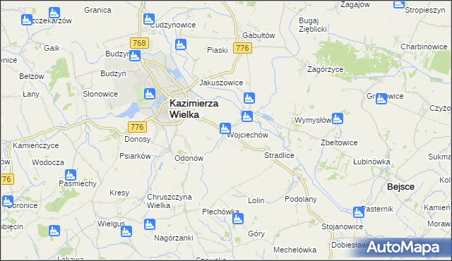 mapa Wojciechów gmina Kazimierza Wielka, Wojciechów gmina Kazimierza Wielka na mapie Targeo