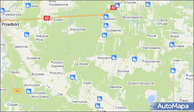 mapa Wojciechów gmina Przedbórz, Wojciechów gmina Przedbórz na mapie Targeo