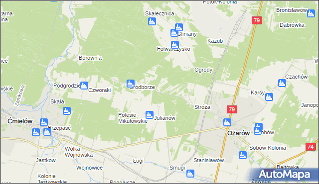mapa Wojciechówka gmina Ożarów, Wojciechówka gmina Ożarów na mapie Targeo
