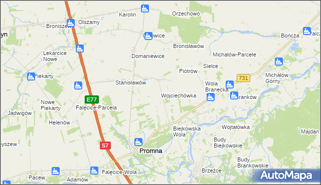 mapa Wojciechówka gmina Promna, Wojciechówka gmina Promna na mapie Targeo