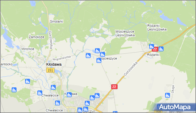 mapa Wojcieszyce gmina Kłodawa, Wojcieszyce gmina Kłodawa na mapie Targeo