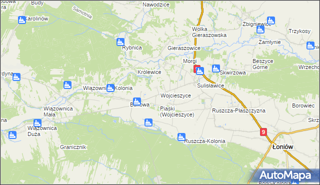 mapa Wojcieszyce gmina Łoniów, Wojcieszyce gmina Łoniów na mapie Targeo