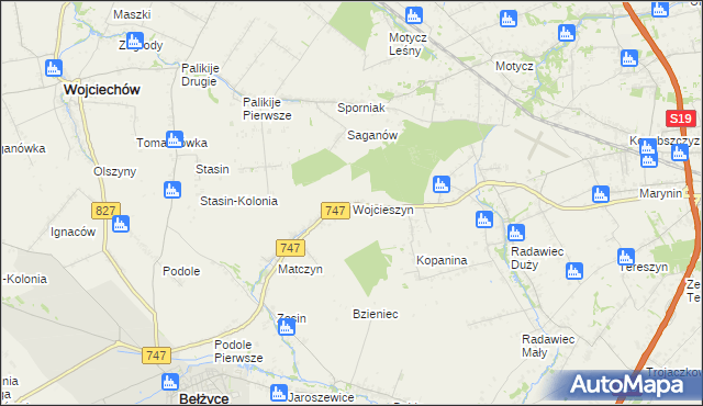 mapa Wojcieszyn gmina Bełżyce, Wojcieszyn gmina Bełżyce na mapie Targeo