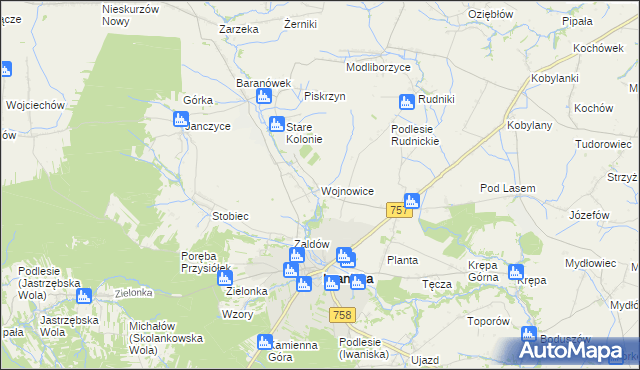 mapa Wojnowice gmina Iwaniska, Wojnowice gmina Iwaniska na mapie Targeo