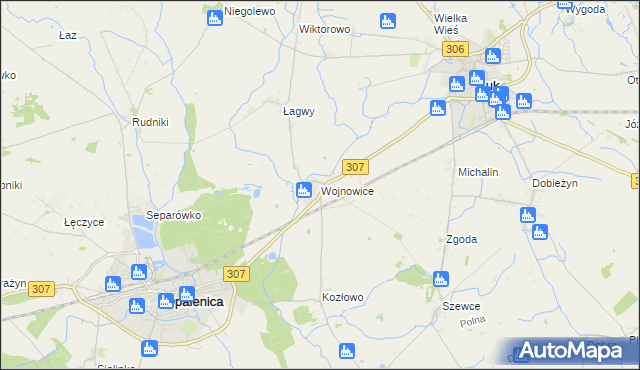 mapa Wojnowice gmina Opalenica, Wojnowice gmina Opalenica na mapie Targeo