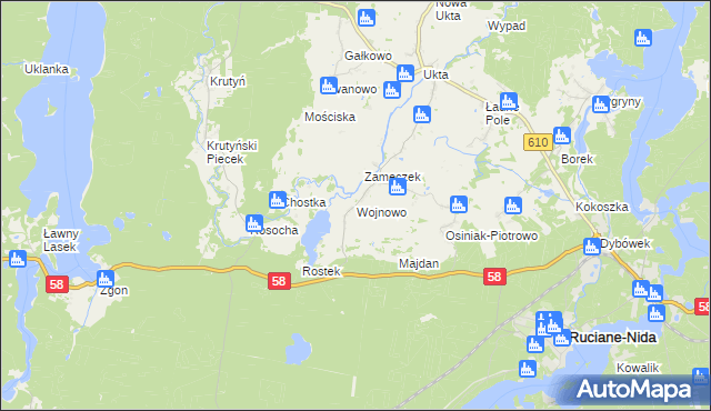 mapa Wojnowo gmina Ruciane-Nida, Wojnowo gmina Ruciane-Nida na mapie Targeo