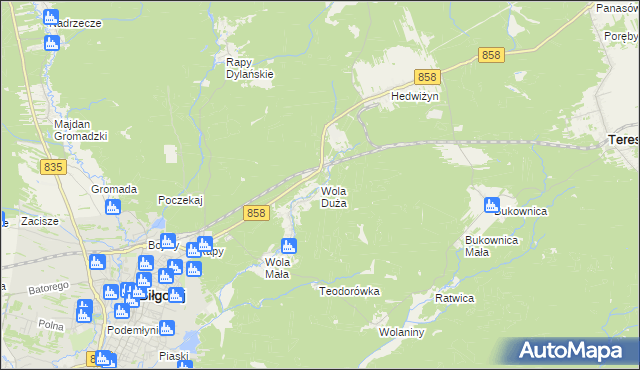 mapa Wola Duża gmina Biłgoraj, Wola Duża gmina Biłgoraj na mapie Targeo