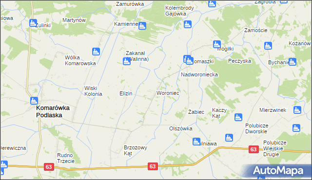 mapa Woroniec gmina Komarówka Podlaska, Woroniec gmina Komarówka Podlaska na mapie Targeo