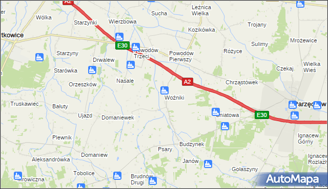 mapa Woźniki gmina Dalików, Woźniki gmina Dalików na mapie Targeo