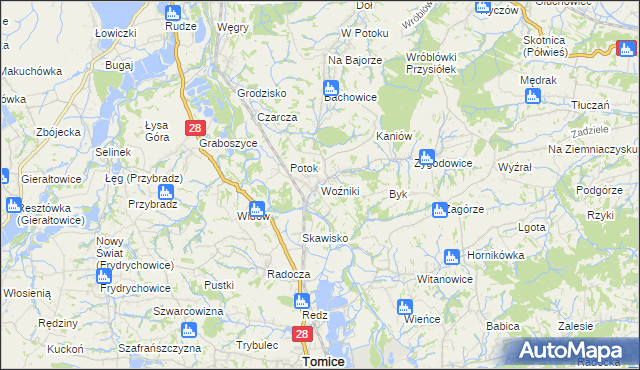 mapa Woźniki gmina Tomice, Woźniki gmina Tomice na mapie Targeo
