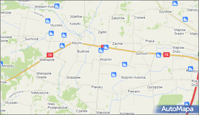 mapa Woźniki gmina Wola Krzysztoporska, Woźniki gmina Wola Krzysztoporska na mapie Targeo