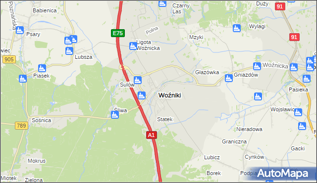 mapa Woźniki powiat lubliniecki, Woźniki powiat lubliniecki na mapie Targeo