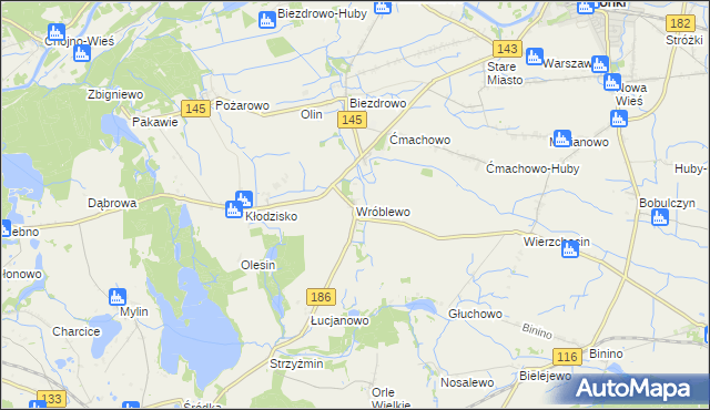 mapa Wróblewo gmina Wronki, Wróblewo gmina Wronki na mapie Targeo