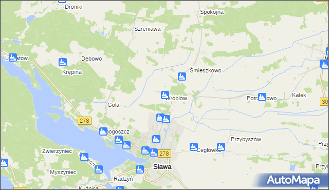 mapa Wróblów gmina Sława, Wróblów gmina Sława na mapie Targeo