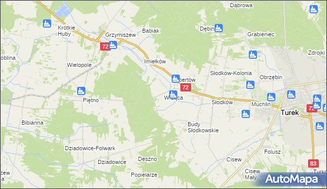 mapa Wrząca gmina Turek, Wrząca gmina Turek na mapie Targeo