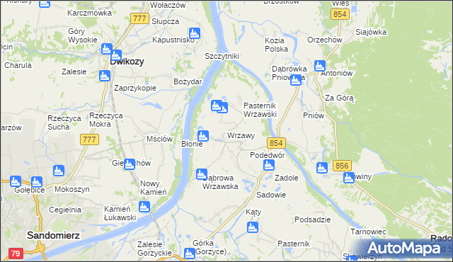 mapa Wrzawy gmina Gorzyce, Wrzawy gmina Gorzyce na mapie Targeo