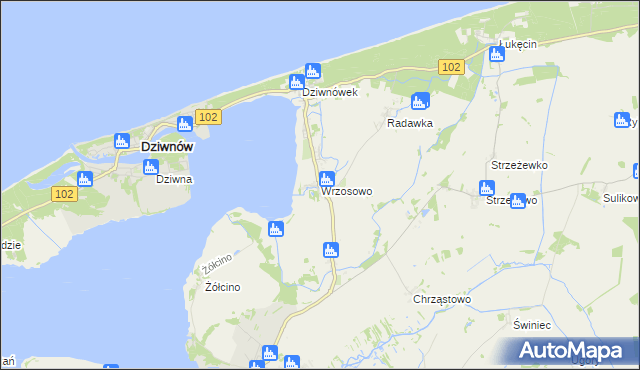 mapa Wrzosowo gmina Kamień Pomorski, Wrzosowo gmina Kamień Pomorski na mapie Targeo