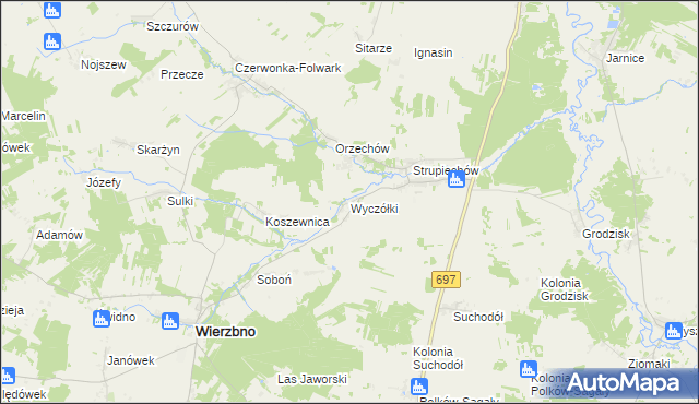 mapa Wyczółki gmina Wierzbno, Wyczółki gmina Wierzbno na mapie Targeo